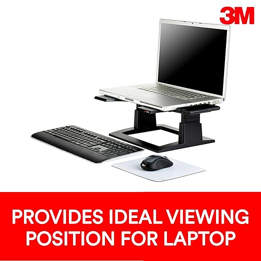 3M Adjustable Laptop Stand, Raise Screen Height to Reduce Neck Strain, 3" Height Adjustment, Large Platform for Docking Station, Non-Skid Base Keeps Laptop Secure, Cable Management, Black (LX500)