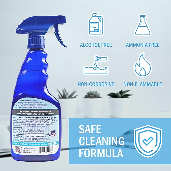 Bryson Screen Cleaner Spray and Wipe Kit - Safe for LED, LCD, OLED, Smart TV, Monitor, Laptop, Computer, Car Display - 16oz with Microfiber Cloth
