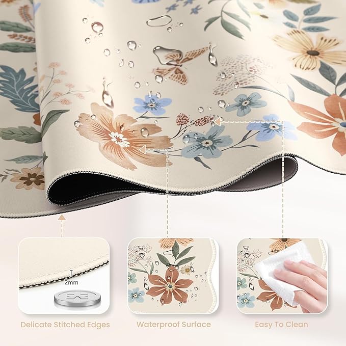 iCasso Desk Mat, Scalloped Desk Matt for Desktop, Cute XXL Large Mouse Pad, Anti-Slip Big Mousepad with Stitched Edges, Keyboard Pad Mouse Mat for Computer(Beige)