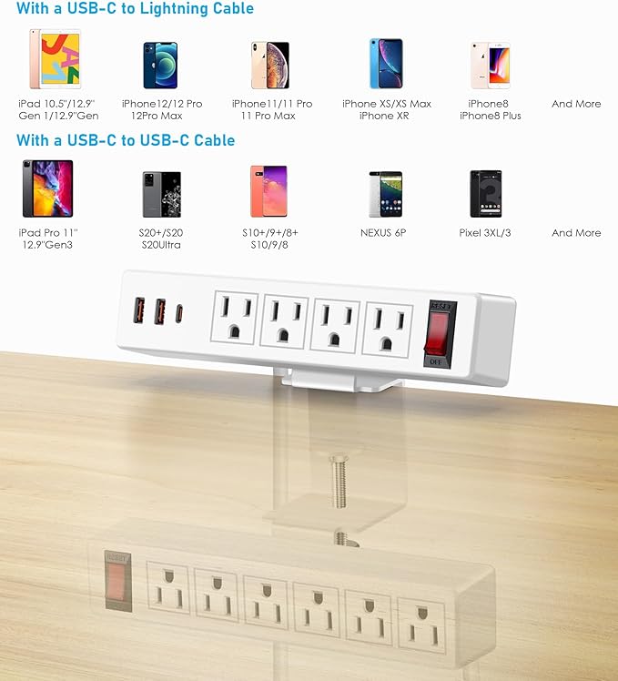 Dual Layer Desk Clamp Power Strip Surge Protector, Under Desk Power Strip with 10AC Outlets & 3 USB(20W USB-C), Desktop Edge Mount Charging Station, 15 Ft Extension Cord for Office Home (ETL Listed)