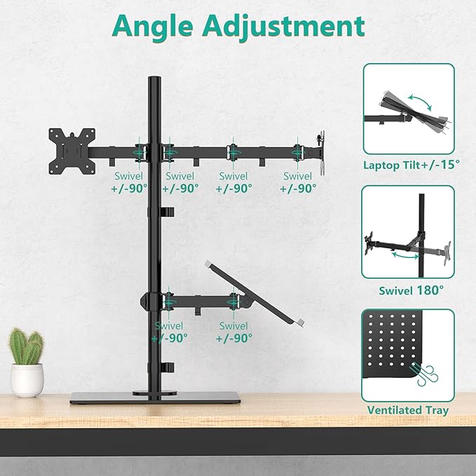WALI Dual Monitor Stand with Laptop Holder, Height Adjustable Laptop Stand for Desk, Fits up to 27 inch Monitors and 17 inch Laptops, Freestanding Dual Monitor Mount with Glass Base(GMF003LP), Black