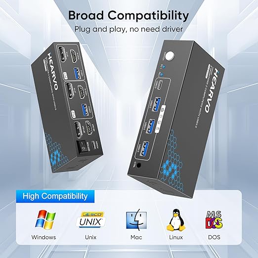 Hearvo HDMI DisplayPort KVM Switch 2 Monitors 2 Computers, 8K@60Hz Dual Monitor KVM Switcher with HDMI 2.1 & DisplayPort 1.4, USB 3.0 Hub,with Controller & 2 USB Cables & EDID Adaptive -7240PH2