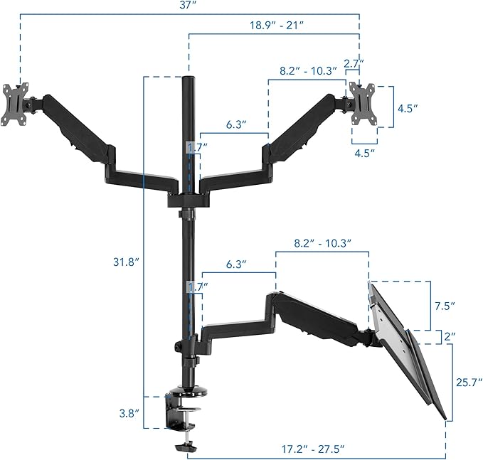 Mount-It! Dual Monitor Arm Desk Mount Sit-Stand Workstation with Keyboard Tray, Height Adjustable Gas Spring, Fits Two 17–32” Screens, 17.6 lbs Each, VESA 75x75 100x100, Clamp or Grommet (Black)