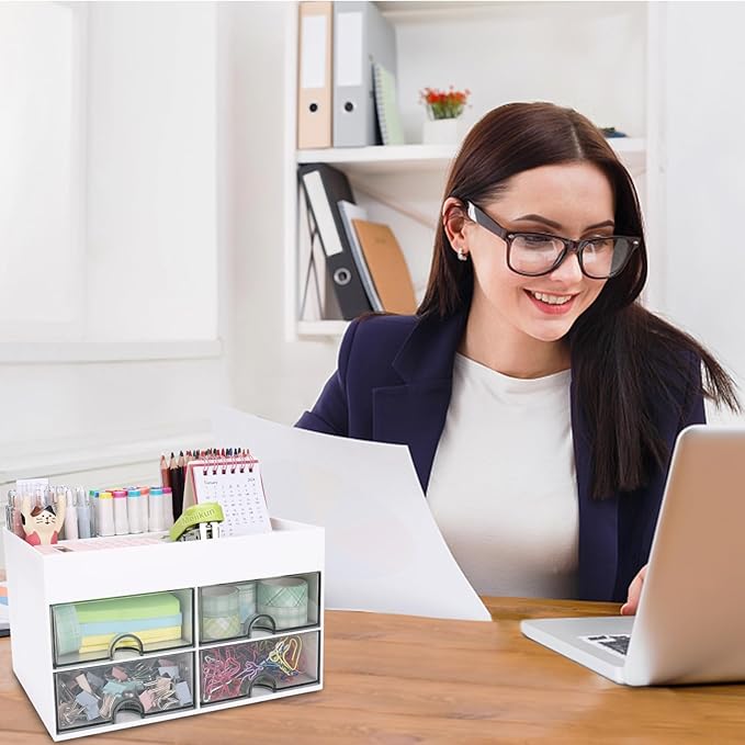 Desk Organizer, Office Organizer with Drawer, Desk Accessories & Workspace Organizers, Pen Holder Office Supplies for Desk (4 Drawers+4 Compartments, White)