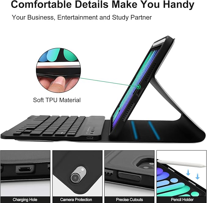 BORIYUAN iPad mini 7th Gen 2024 (A17 Pro) & iPad mini 6 Keyboard Case 2021, Detachable Wireless Keyboard, 7 Color Backlit, Slim Folio Cover with Pencil Holder for iPad mini 7th/6th Gen 8.3 inch Black