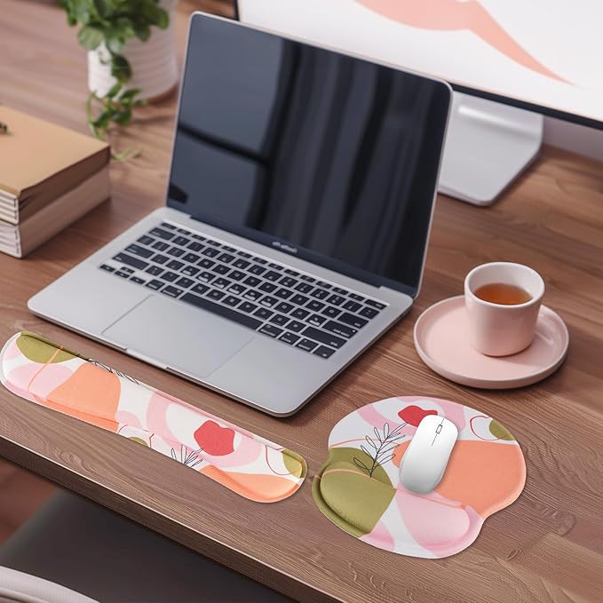 Mouse Pad Wrist Support Keyboard Wrist Rest Set, Ergonomic Mouse Pad with Non-Slip Base for Computer Laptop Home Office Coasters, Easy Typing & Pain Relief Mouse Mat (Plants)