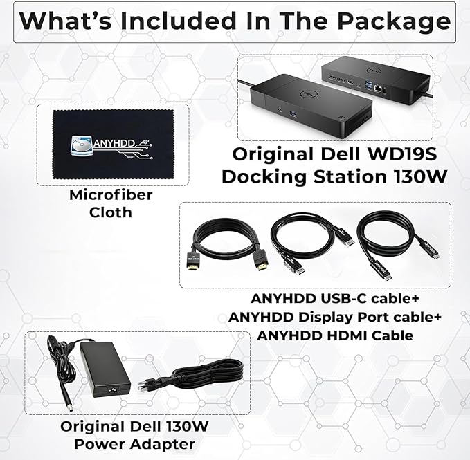 Dell WD19S Docking Station 130W (90W Power Delivery) - Dell Docking Station Dual Monitor for Laptop with 130W Power Adapter + Anyhdd HDMI Cable + DisplayPort Cable + USB-C Cable + Microfiber Cloth