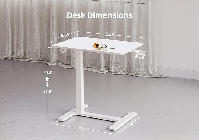 Claiks Mobile Overbed Table with Wheels - 25.5" Adjustable Height Standing Desk for Hospital & Home Use, 22lbs Capacity, Ergonomic Rolling Laptop Cart, White