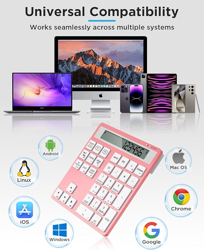 HoRiMe Number Pad for Laptop - Rechargeable Wireless Number Keypad 34 Keys with Dual Bluetooth, 2 in 1 Numeric Keypad Calculator with Display - Portable Slim Numpad for Windows, Mac, iMac, PC, Tablet