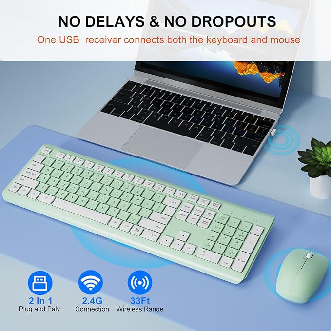 Wireless Keyboard and Mouse Combo, Full-Size Silent Ergonomic Keyboard and Optical Mouse, Long Battery Life, 2.4G Lag-Free Mice Keyboard for Computer,Mac,Laptop,PC,Windows(Avocado Green)