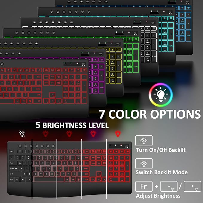 Wireless Keyboard and Mouse Combo, 9 Backlit Effects, 4000mAh Rechargeable Backlit Keyboard with Wrist Rest, 6 Button Mouse, 2.4G Full Size Quiet Keyboard Set for Computer, PC, Laptop, Mac, Windows