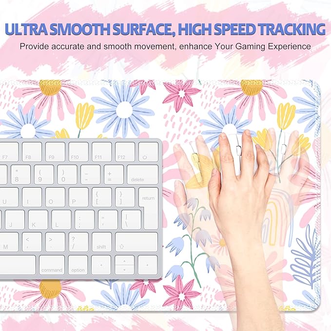 Lovely Desk Pad Mouse Pad, Large Gaming Mouse Mat with Stitched Edges, Non-Slip Waterproof Rubber Base Mous Mat for Office Computer Keyboard Laptop Home Decor Women (35.4X17.5 in), Pink Wildflower