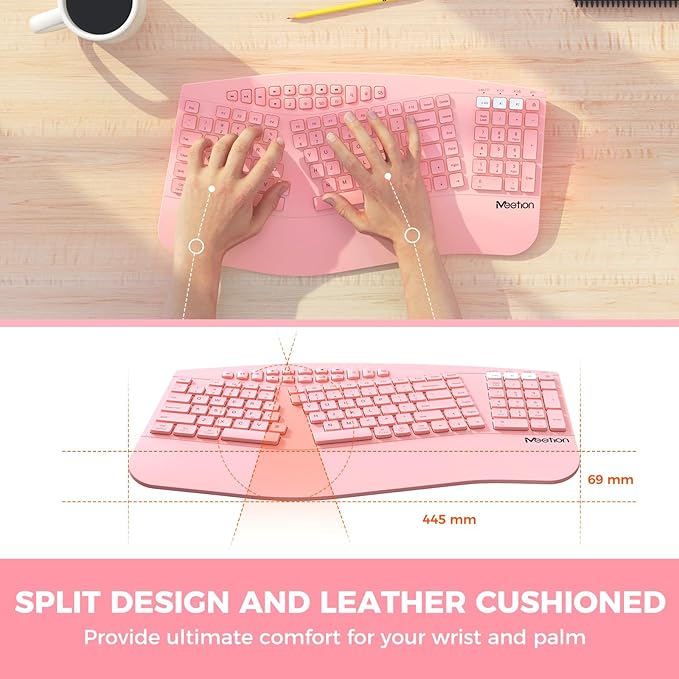 MEETION Ergonomic Keyboard Wireless, Multi-Device Bluetooth Keyboard, Full-Sized Rechargeable Split Computer Keyboards, Wrist Rest for Natural Typing, for Windows/Mac/Laptop/Table/PC, Pink