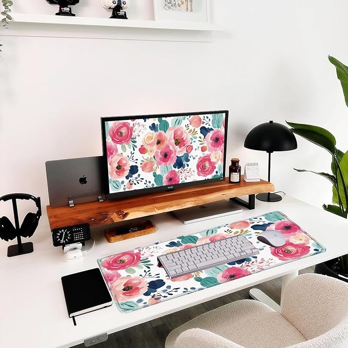 Pink Floral Mouse Pad 31.5x11.8 Inch, Women Girls Flowers Lager Desk mat with Non-Slip Base, Micro-Woven Fabric Stitched Edges for Office Computer Gaming