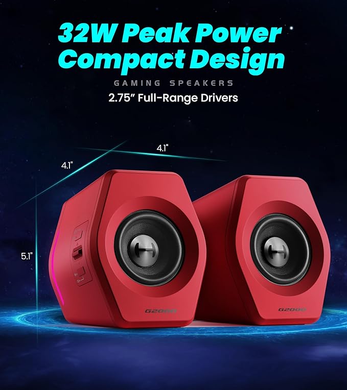 Edifier G2000 RGB Gaming Speakers, 32W Peak Power, Compact Design for PC/PS4/Desktop, Bluetooth 5.1, 3.5mm AUX, Game/Movie/Music Modes, 12 RGB Lighting Effects - Red