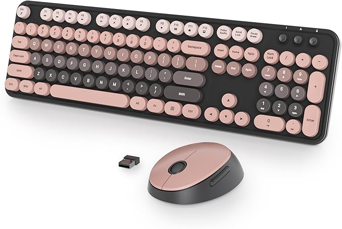 Colorful Pink Keyboard and Mouse Combo Wireless, 2.4G Full Size 104-Key Retro Typewriter Keyboards Round Keys for Students Teenagers Home Office PC Laptop(Heimei)