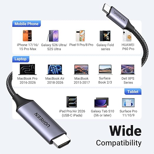 UGREEN USB C to HDMI Cable (4K@60Hz) 10FT, Type C to HDMI Adapter Thunderbolt 4/3 to HDMI for Home Office Compatible with iPhone 17 Pro Max, MacBook Pro Air iPad Pro, XPS, Galaxy S25, Steam Deck
