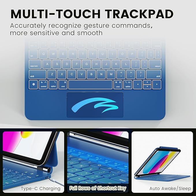 for iPad 11th (A16, 2025)/10th Generation Case with Keyboard, Magic Keyboard 2022, Springy Backlit Keys, Stain-Resistant Surface, Multi-Touch Trackpad, Steel Blue