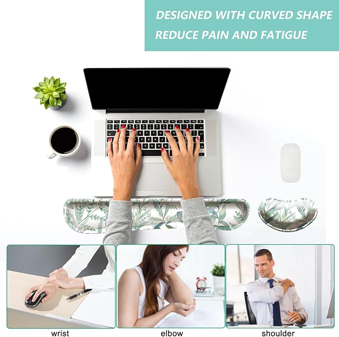 Keyboard Wrist Rest Mouse Wrist Support Set, Memory Foam Wrist Rest Pad for Computer Laptop Keyboard Mouse, Ergonomic Wrist Cushion Support for Typing Pain Relief, Gaming Home Office, Green Leaves