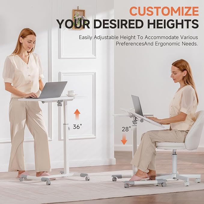 GTPLAYER Mobile Small Standing Desk, Tiltable Sit Stand Portable Rolling Laptop Desk with Lockable Wheels, Adjustable Height Overbed Bedside Table Computer Workstations, White