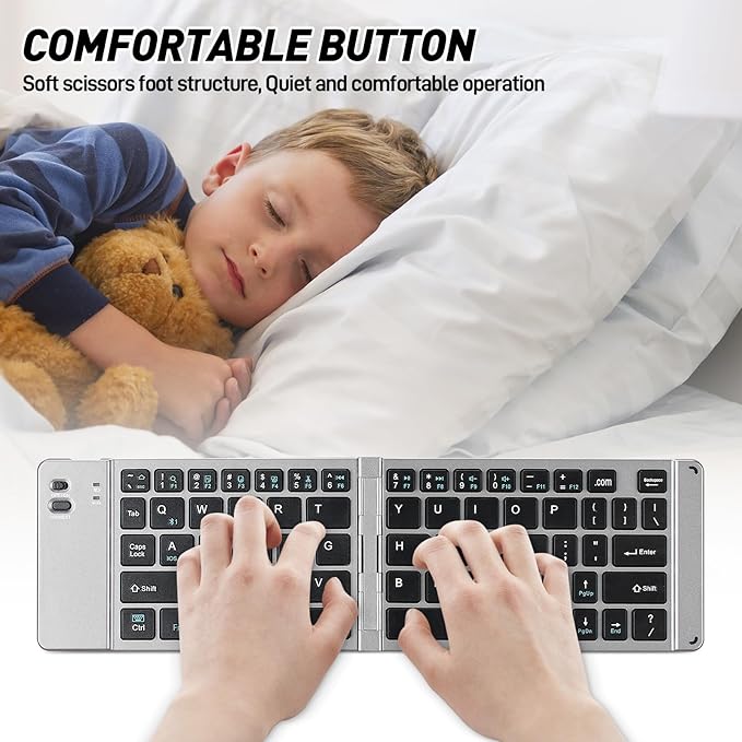Mini Rechargeable Foldable Bluetooth Keyboard and Mouse Combo, Portable (Sync Up to 3 Devices), Ultra-Slim Travel Folding Keyboard for iPhone iPad Mac Android Windows iOS(Grey)