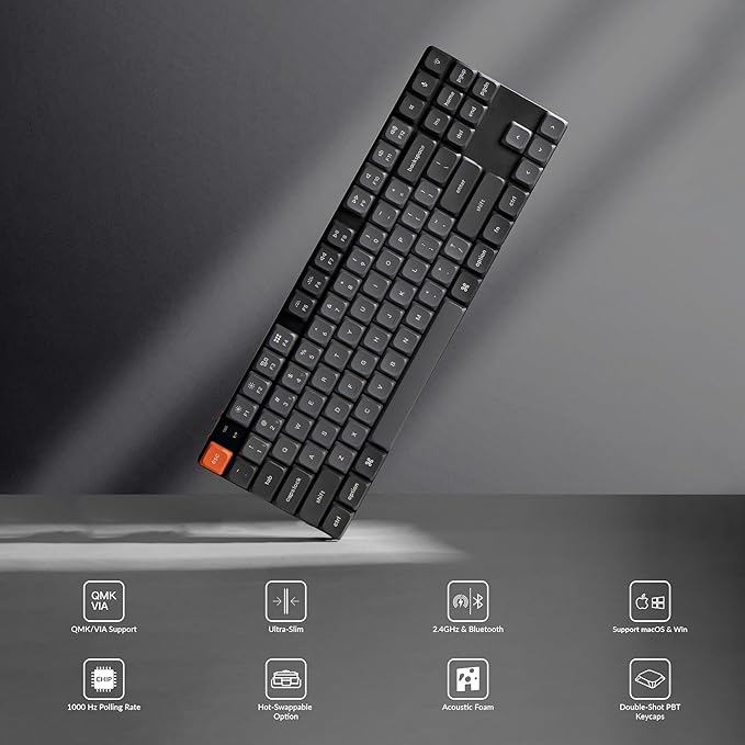 Keychron K1 Max Ultra-Slim QMK/VIA Bluetooth Wireless/USB Wired Custom Mechanical Keyboard, 2.4 GHz Hot Swappable TKL Layout RGB Backlight Ergonomic Keyboard with Low-Profile Gateron Red Switch