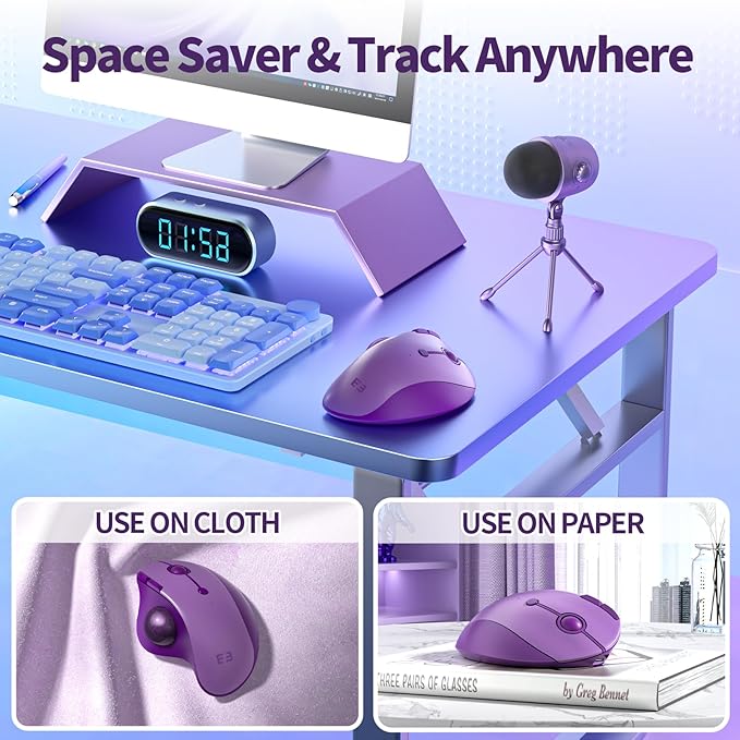 seenda Wireless Trackball Mouse, Bluetooth - Ergonomic Rollerball Mouse Rechargeable, 3 Device Connection Optical Mice Adjustable DPI Thumb Control Mice Compatible for Mac/Android/Windows - Purple