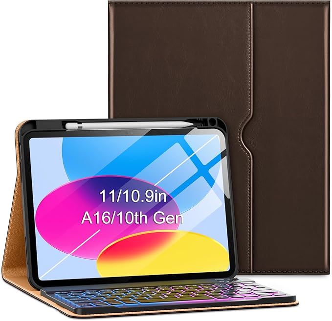 VIKESI Keyboard Case for iPad (A16,2025) 11th Generation/iPad 10th Generation Case (10.9" 2022),Premium Leather Smart Cover,Built-in Breathing Light,Function Row,Pencil Holder,Card Slots - Dark Brown
