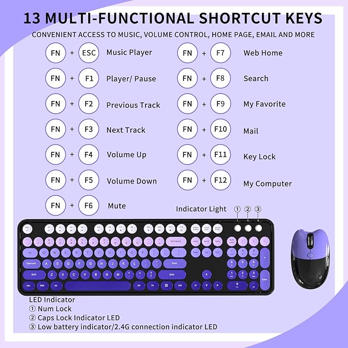 Wireless Keyboard and Mouse, 104 Round Keycaps Retro Typewriter with OTG & Brush, Full-Size Ergonomic, Ideal for Windows PC, Home, Office and College Purple Pink