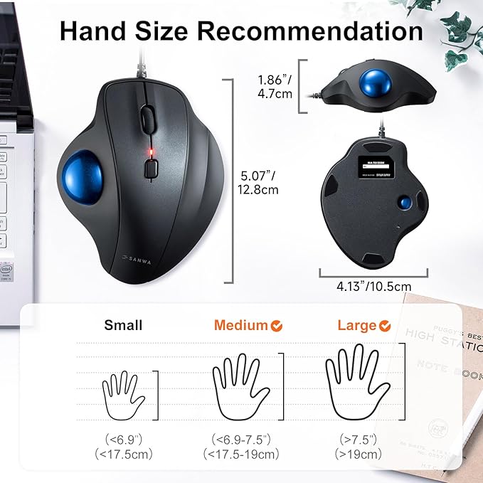 SANWA Wired Ergonomic Trackball Mouse, Optical Vertical Rollerball Mice, Silent Buttons, 34mm Trackball, 600/800/1200/1600 DPI, Compatible with MacBook, Laptop, Computer, Windows, macOS, Blue
