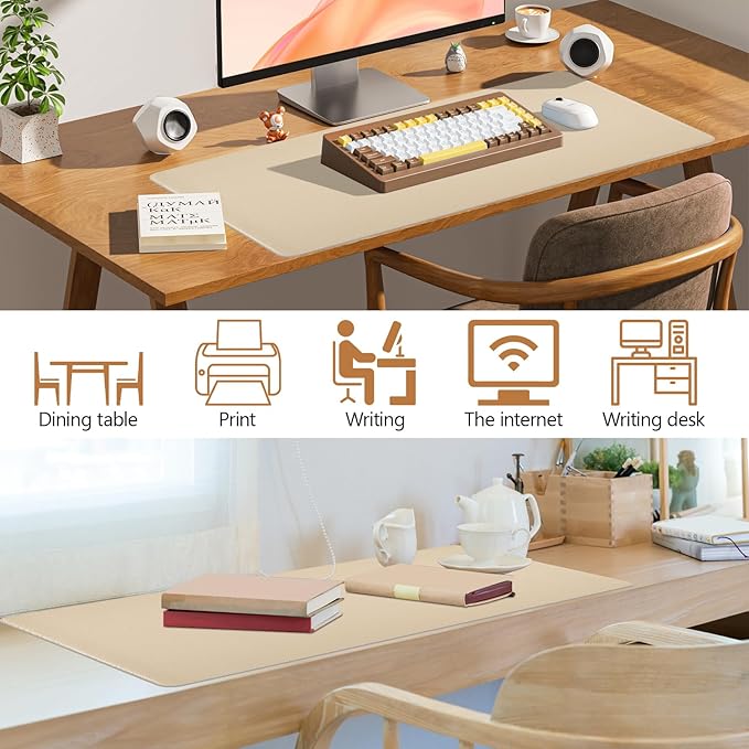 Beige Leather Desk Mat Large Mouse Pad, Waterproof Desk Pad for Keyboard and Mouse, Non-Slip Computer Desk Protector, Smooth Mouse Movement Desk Mat for Home and Office(31.5"×15.7")