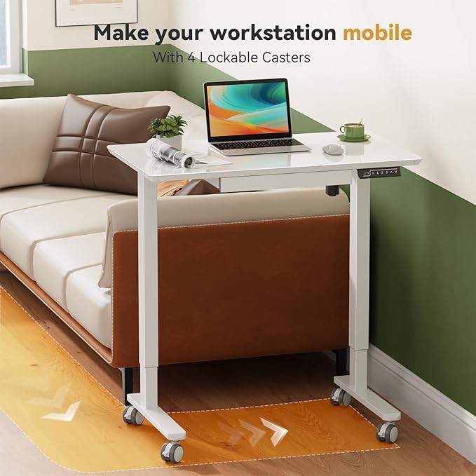 Glass Standing Desk with Drawer, 35×20Inch Whole Piece Height Adjustable Rising Desk, Electric Sit Stand Desk with Wheels, Small Computer Desk, White