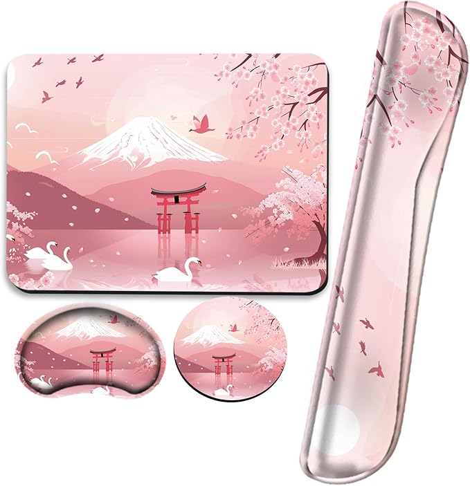 Cherry Blossom Keyboard and Mouse Pad Set Japanese Mousepad with Wrist Support Ergonomic Keyboard Wrist Rest Carpal Tunnel Typing Pain Relief Non-Slip Base Wrist Pad for Mouse