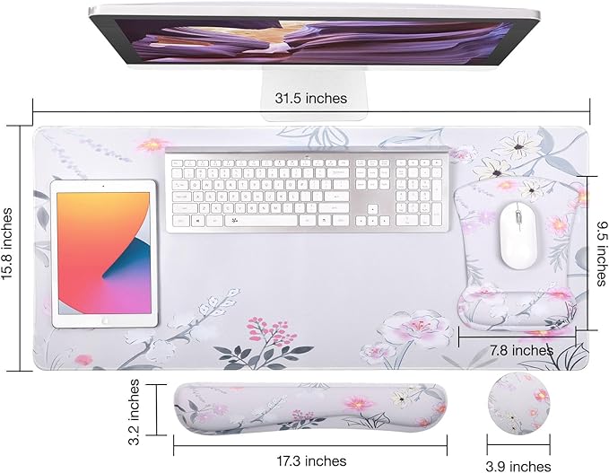 MEGREZ 4-in-1 Ergonomic Memory Foam Wrist Rest Set, Desk Pad, Mouse Pad with Wrist Rest, Keyboard Pad, Suitable for Office Workers, Programmers & Gamers–Relieve Typing & Gaming Fatigue, Pink Flower