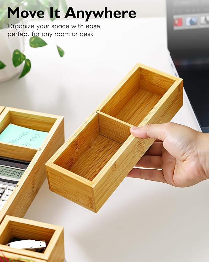 12-Piece Bamboo Desk Drawer Organizer Set – Adjustable Storage Boxes with 24 Compartments, Non-Slip, Modular Design for Office, Jewelry, Vanity, and Kitchen Utensil Drawer Storage