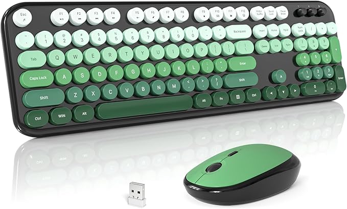 MOFII Wireless Keyboard and Mouse Combo, Cute Keyboard Full Size and Wireless Mouse, 2.4GHz Retro Typewriter Keyboard Mouse Set for PC/Desktop/Laptop/Windows (Black Green)