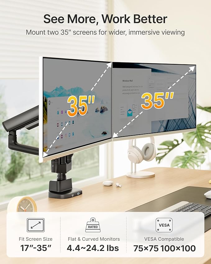 monTEK Dual Tall Monitor Arm with USB, Mechanical Spring Monitor Arm for 17-35" Screens, Adjustable Monitors Desk Mount Each Holds up to 24.2 lbs with C Clamp/Grommet, VESA 75/100mm