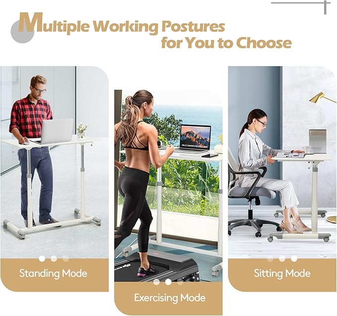 COSTWAY Mobile Height Adjustable Standing Desk, Compact Pneumatic Sit to Stand Computer Desk w/Lockable Casters, Ergonomic Rolling Laptop Table w/Steel Frame for Home Office (White)