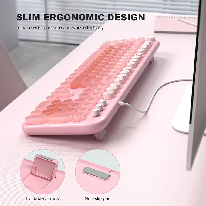 Wired Keyboard with Backlit, Light Up Computer Keyboards with Multimedia Keys, Full Size Wired Keyboard with Illuminated LED, Plug and Play, Anti-Wear Letters for Laptop, Desktop- Pink Colorful