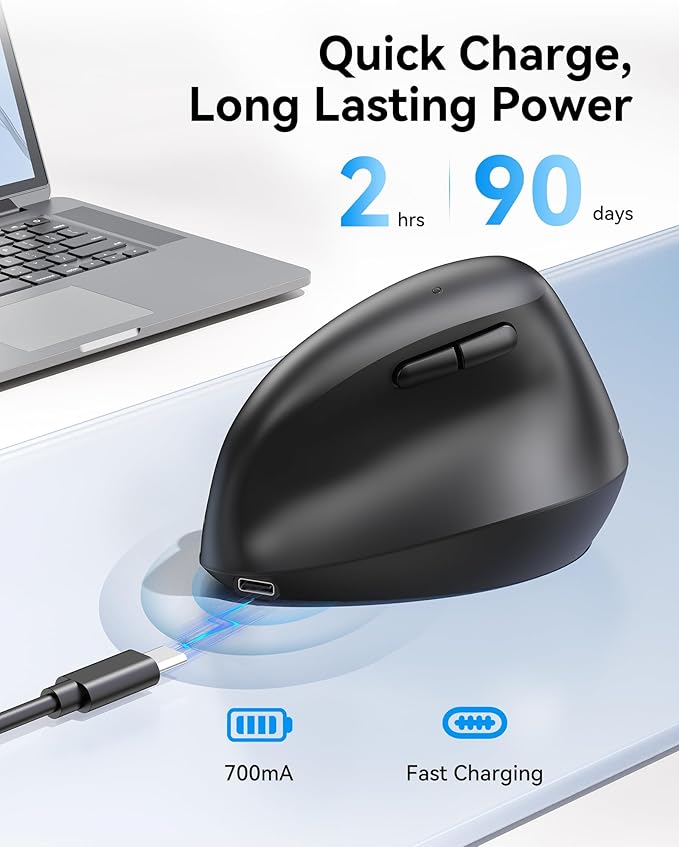 TECKNET Ergonomic Mouse, Wireless Bluetooth Vertical Mouse (BT5.3/3.0 & 2.4G) Rechargeable 4800 DPI Optical Mouse with 6 Adjustable DPI, Quiet Clicks, USB A Receiver, 6 Buttons - Wide Compatibility