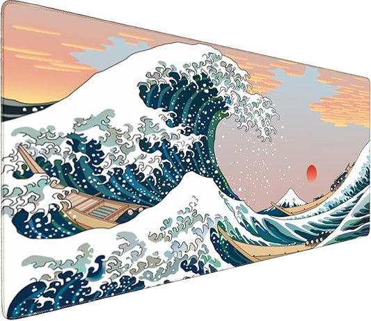 Japanese Sea Wave Large Gaming Mouse Pad – 35.4" x 15.7" Full Desk Mat, Non-Slip Rubber Base, Stitched Edges, Waterproof, Durable Surface for Esports, Office, Home