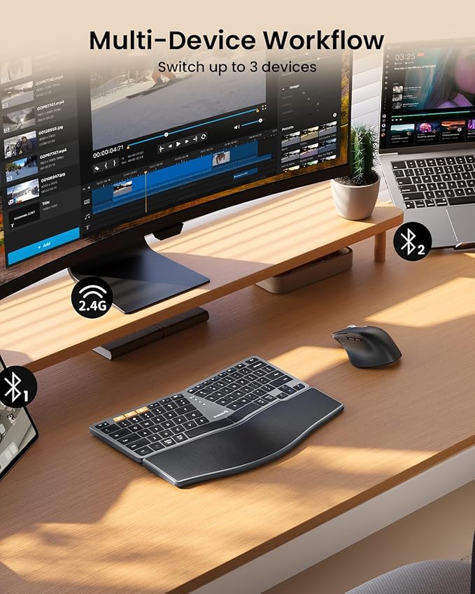 ProtoArc Bluetooth Ergonomic Keyboard Mouse, EKM04 Mini Compact Wireless Ergo Keyboard Mouse Combo, Split Design, Wrist Rest, Multi-Device, Rechargeable, Compatible with Windows/Mac/Android