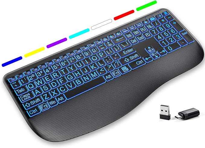 Large Print Backlit Wireless Keyboard – Silent Keyboards with Wrist Rest, 7-Color Light up, Quiet Low Profile Keys, 2.4G Wireless Rechargeable Full Size Keypad for Computer Laptop Windows, Black