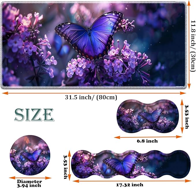 Large Gaming Mouse Pad + Keyboard Wrist Rest + Wrist Support + Coaster Set, Memory Foam Ergonomic for Easy Typing, XXL Extended Gaming Mouse Pad Table Pad - Purple Butterfly
