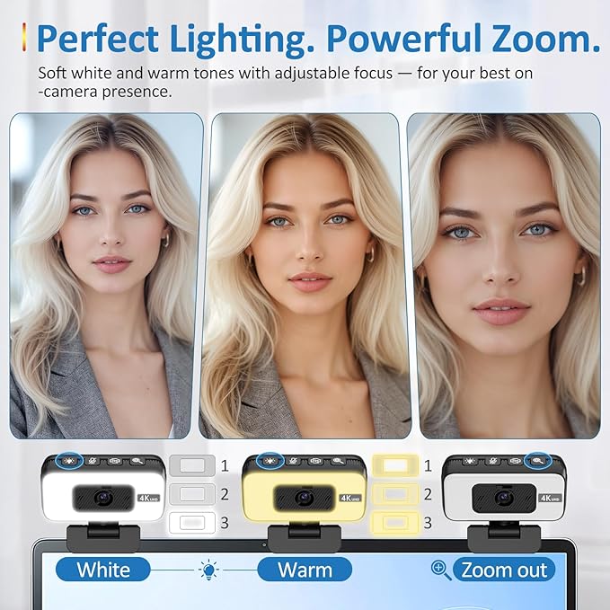 4K Webcam with Light for PC & Laptop & Mac, Computer Camera with AI PDAF AutoFocus, Four Physical Controls Buttons, Adjustable Webcam Light, Privacy Cover for Remote Work