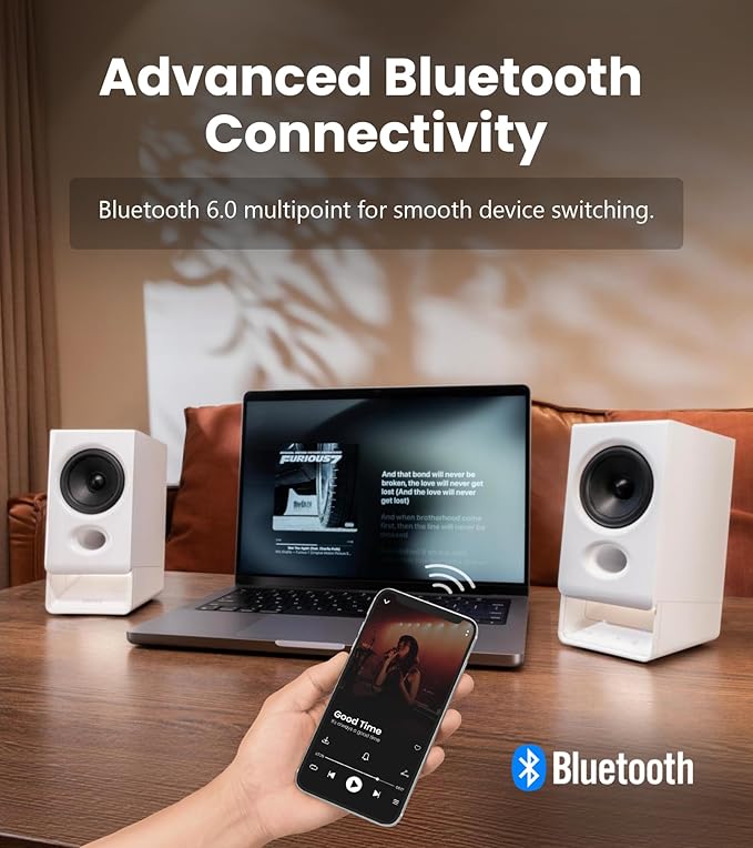 Edifier R20BT Computer Speakers, 2.75" Full-Range Drivers, Bluetooth 6.0,Touch Controls, AUX & USB-C Inputs, Headphone Jack, Custom Ambient Light & Sound Profiles via APP- White