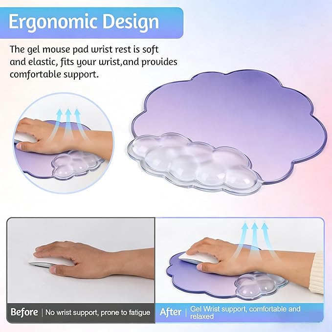 Gradient Purple Cloud Keyboard Wrist Rest with Gel Mouse Pad - Cute Office Accessories Ergonomic Mouse Pad for Computer/Laptop/Gaming/Home/Office/Typing Pain Relief