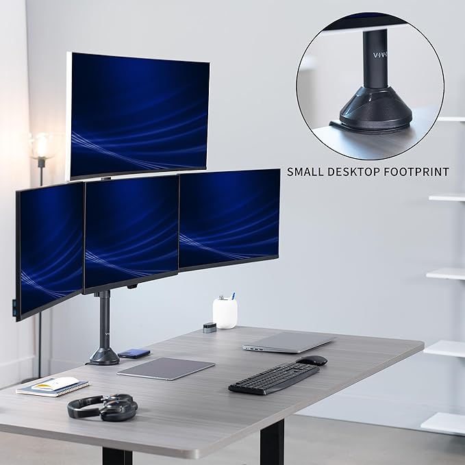 VIVO Premium Quad Ultra Wide LCD LED 27 to 38 inch Monitor Desk Mount, Heavy Duty C-clamp, Extra Tall Pole, Adjustable Telescoping Arms, Flush Wall Setup, Fits 4 Screens, Black, STAND-TS4CT