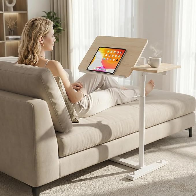 Rolling Table for Laptop Stand, Height and Angle Adjustable Over Bed Table with Wheels, Tilt-Top Laptop Desk for Couch with Cup Holder, Bed Table Tray for Eating (Oak)