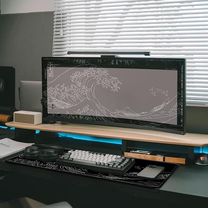 Gaming Mouse Pad, Large 31.5 x 11.8 inches Mousepad, Long Keyboard Pad, Cute Mouse Mat for Computer with Stitched Edges and Non-Slip Base (Black Japanese Wave)
